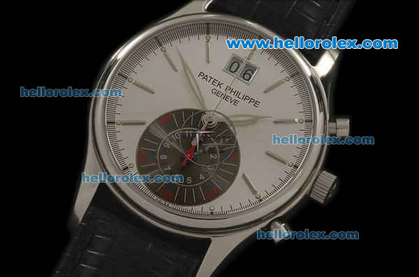 Patek Philippe Complicated Chronograph Swiss Quartz Movement Steel Case with White Dial and Black Leather Strap - Click Image to Close